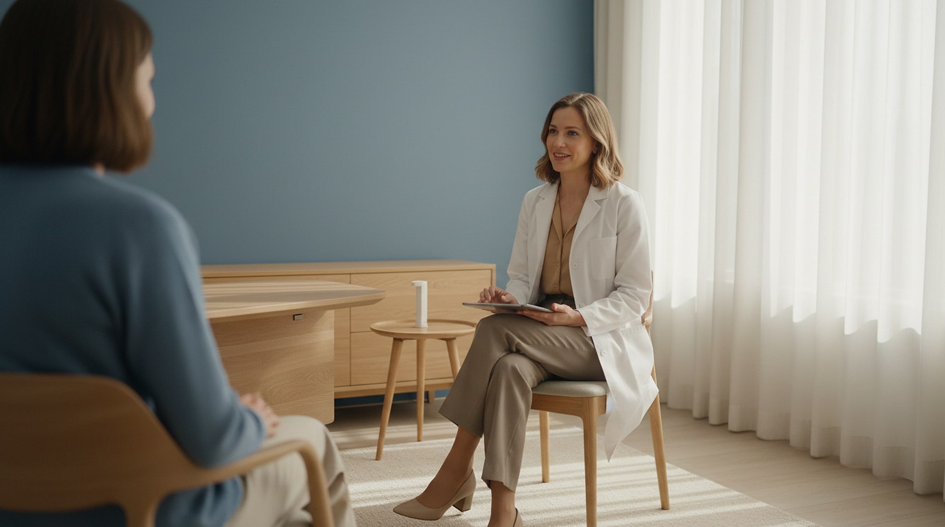 Doctora conversando con una paciente en la consulta, con una tableta en el regazo