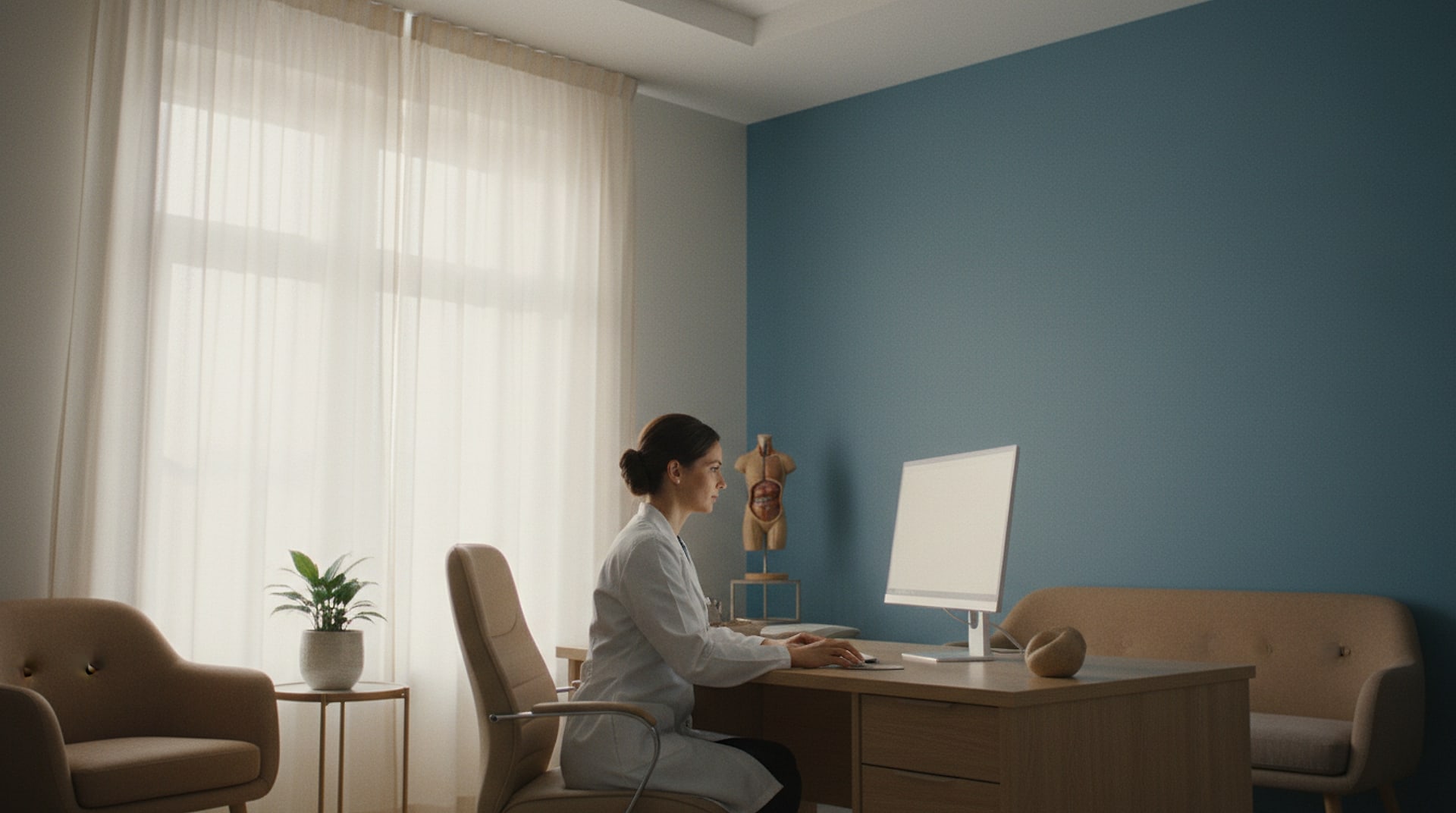 Doctora revisando la historia clínica de un paciente en la pantalla de su consulta
